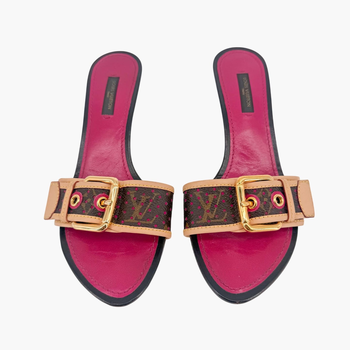 Louis Vuitton Vintage LV Kitten Mule Sandals in Brown Canvas & Purple Leather Size 36.5