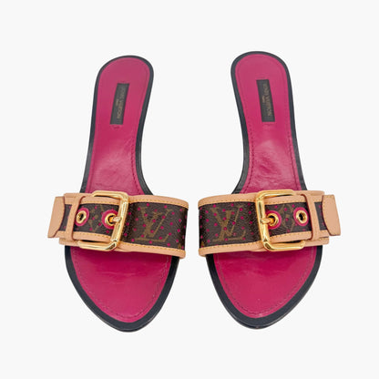 Louis Vuitton Vintage LV Kitten Mule Sandals in Brown Canvas & Purple Leather Size 36.5