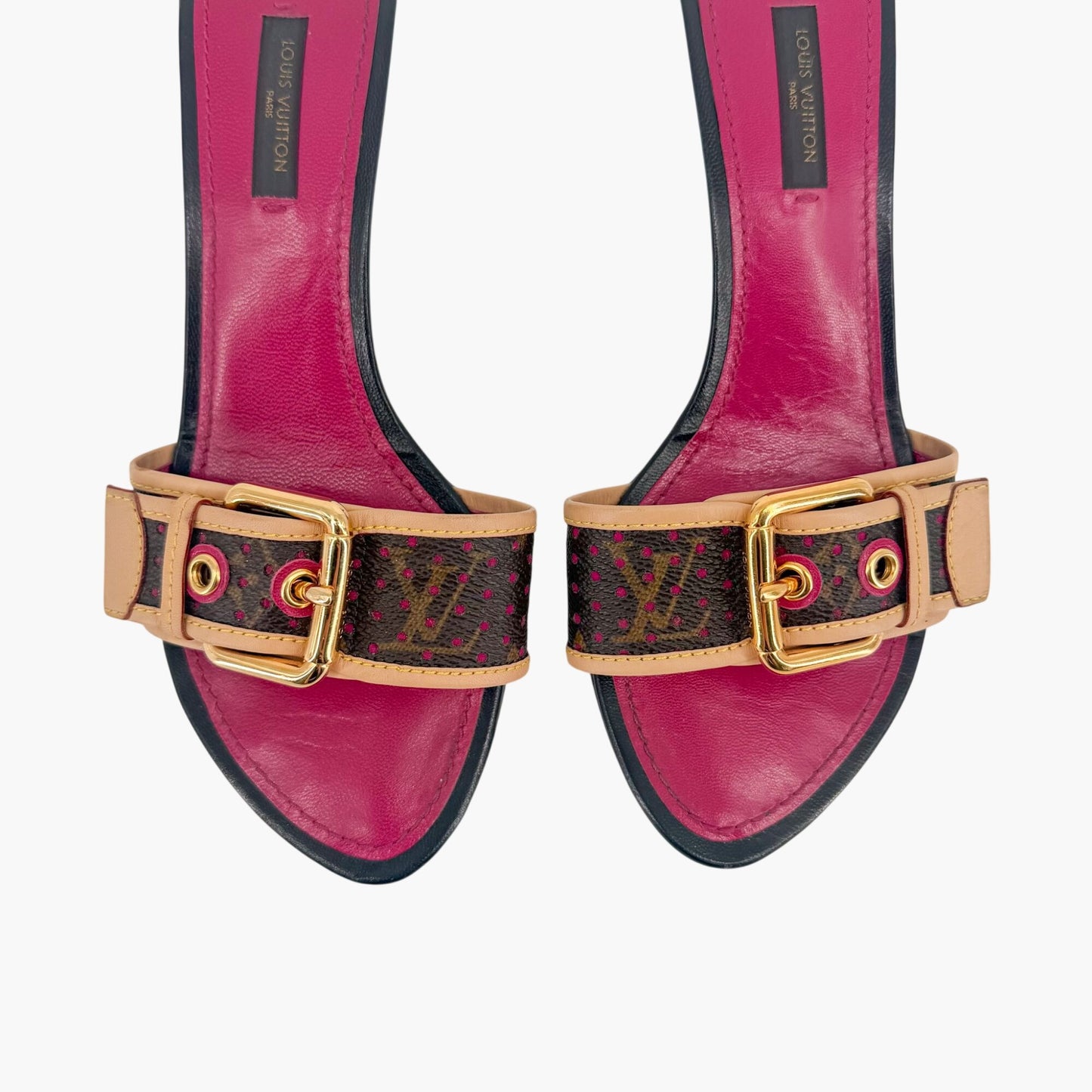 Louis Vuitton Vintage LV Kitten Mule Sandals in Brown Canvas & Purple Leather Size 36.5