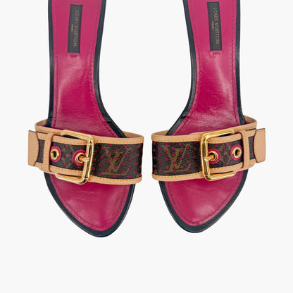 Louis Vuitton Vintage LV Kitten Mule Sandals in Brown Canvas & Purple Leather Size 36.5