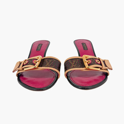 Louis Vuitton Vintage LV Kitten Mule Sandals in Brown Canvas & Purple Leather Size 36.5