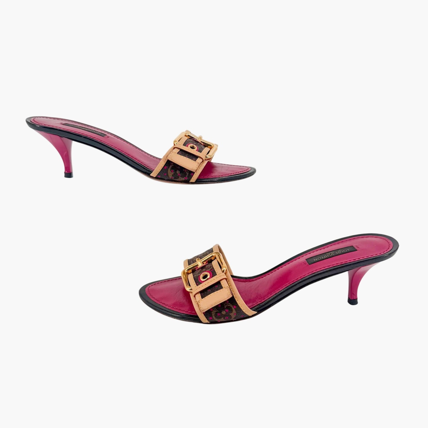 Louis Vuitton Vintage LV Kitten Mule Sandals in Brown Canvas & Purple Leather Size 36.5