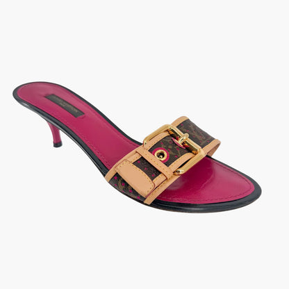 Louis Vuitton Vintage LV Kitten Mule Sandals in Brown Canvas & Purple Leather Size 36.5