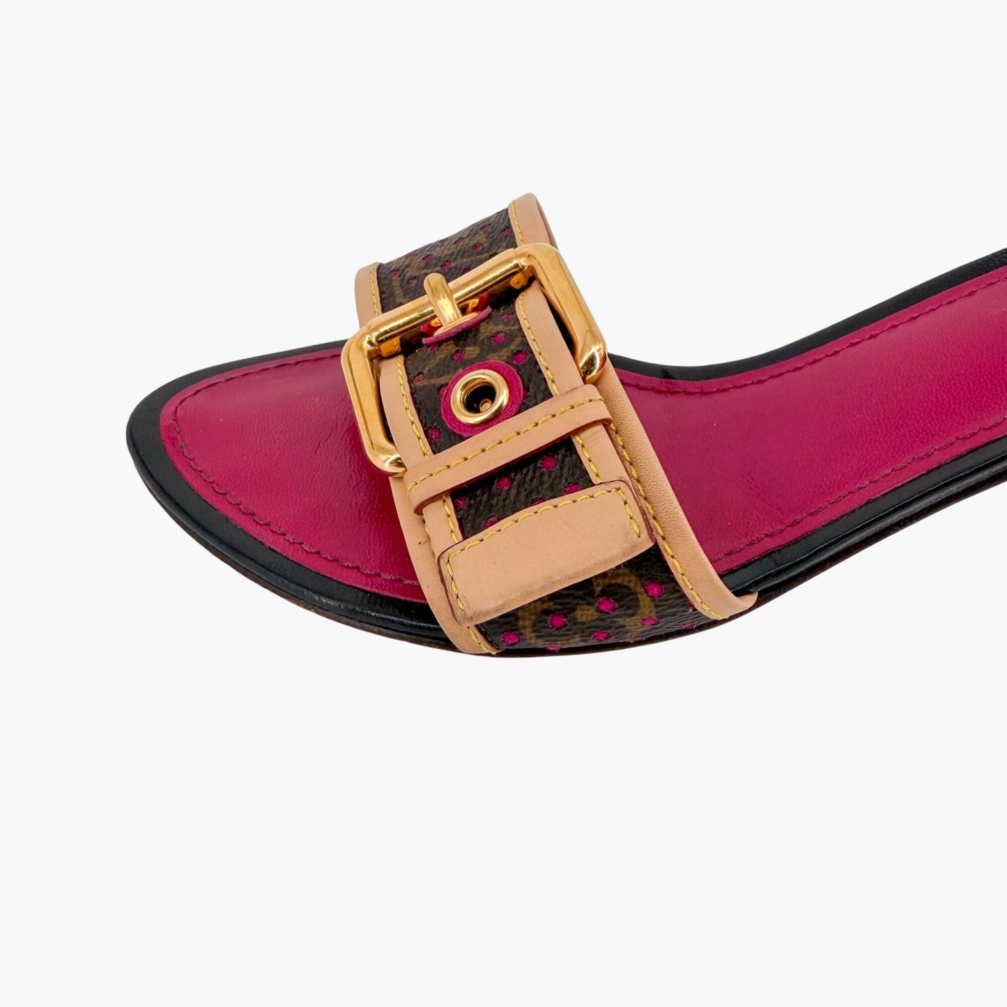 Louis Vuitton Vintage LV Kitten Mule Sandals in Brown Canvas & Purple Leather Size 36.5