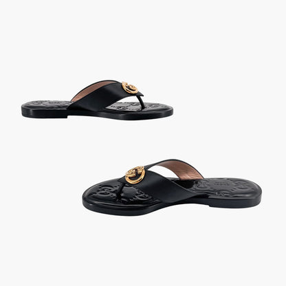 Gucci GG Interlock Embossed Flat Thong Sandals in Black Leather – Size 37