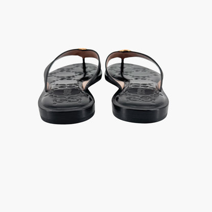 Gucci GG Interlock Embossed Flat Thong Sandals in Black Leather – Size 37