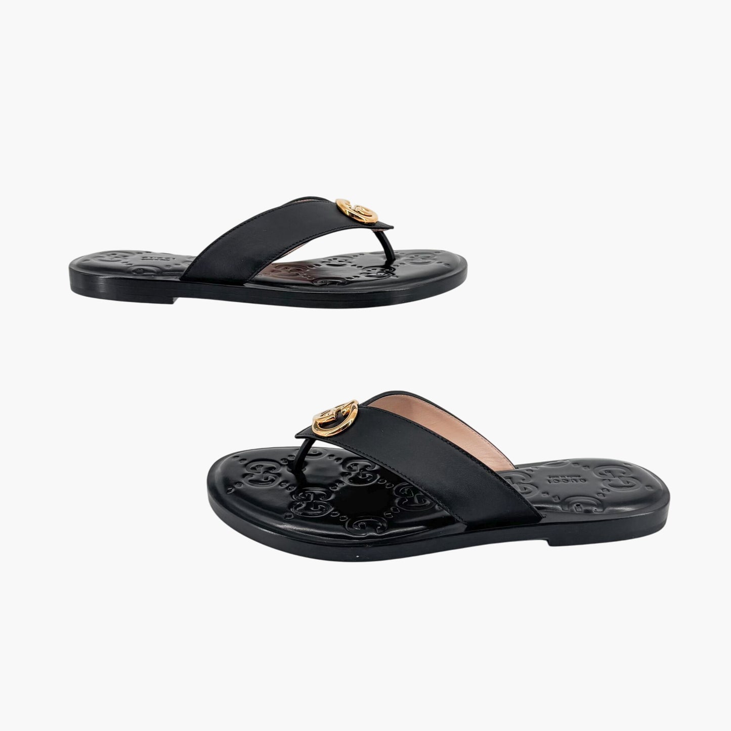 Gucci GG Interlock Embossed Flat Thong Sandals in Black Leather – Size 37