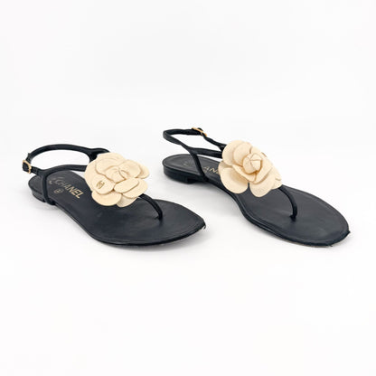 Chanel Camellia CC T-Strap Flat Sandals in Black & Ivory Leather Size 37.5C