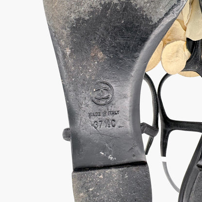 Chanel Camellia CC T-Strap Flat Sandals in Black & Ivory Leather Size 37.5C