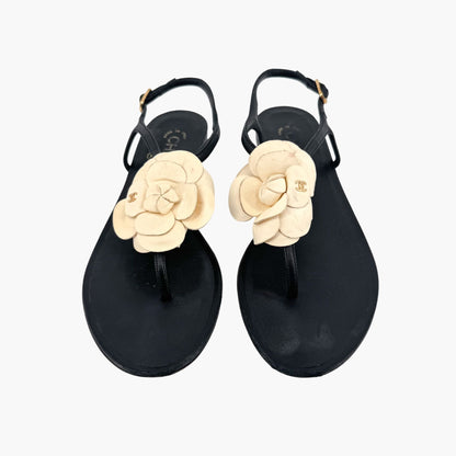 Chanel Camellia CC T-Strap Flat Sandals in Black & Ivory Leather Size 37.5C