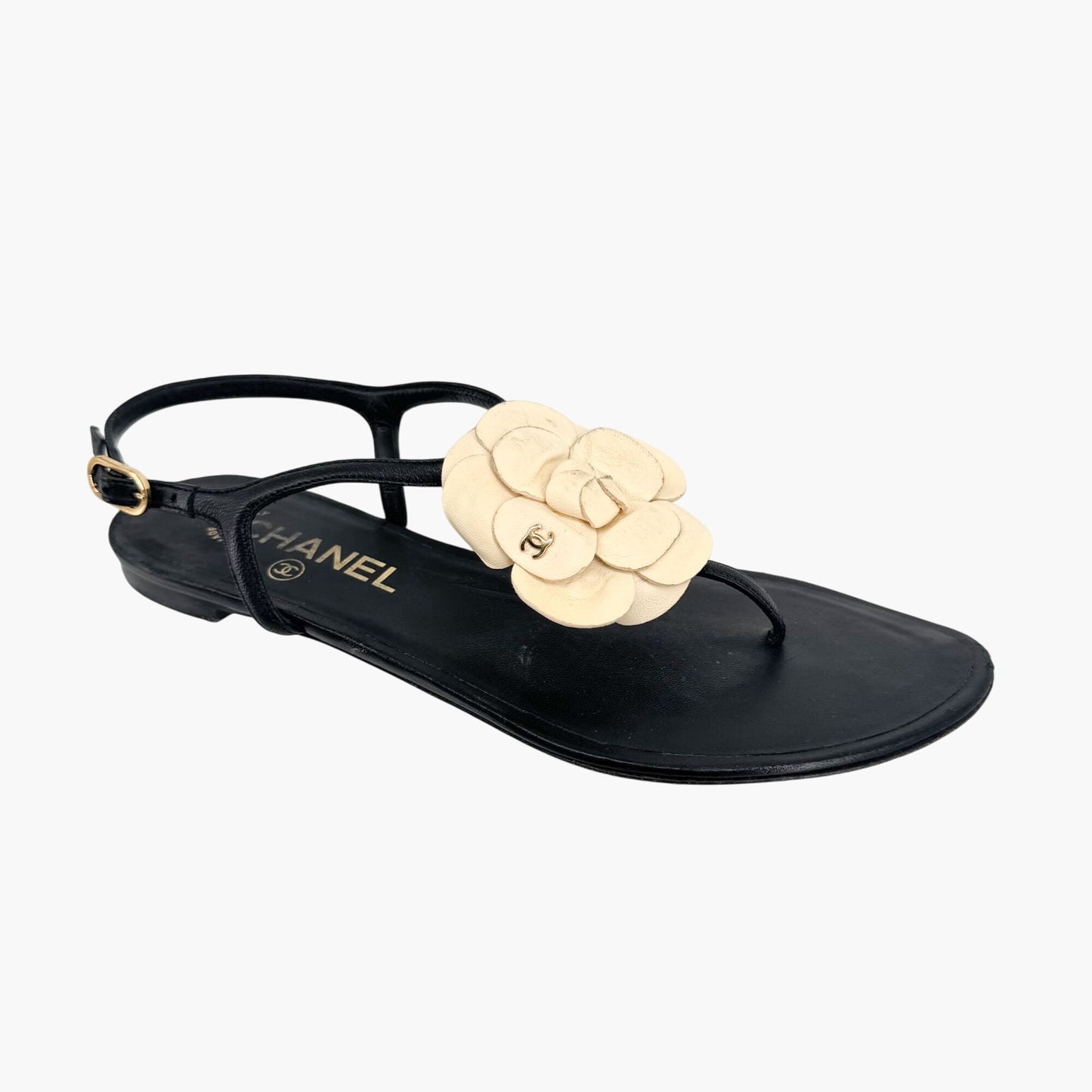Chanel Camellia CC T-Strap Flat Sandals in Black & Ivory Leather Size 37.5C