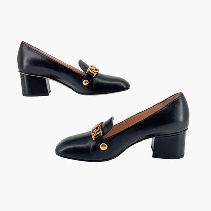 Gucci Black Leather Sylvie Chain Block Heel Pumps – Size 37