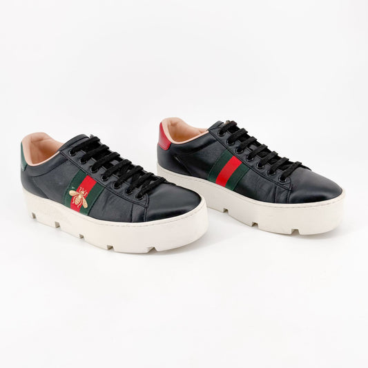 Gucci Ace Bee-Embroidered Platform Sneakers in Black Leather Size 38.5