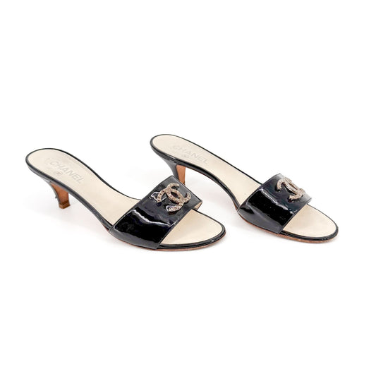 Chanel CC Kitten Mule Sandals Black Patent Size 40