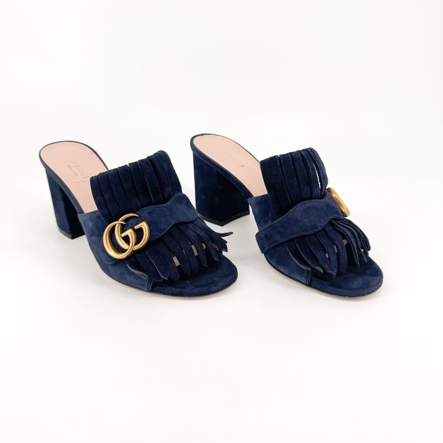 Gucci Marmont GG Fringe Block Heel Mules in Blue Ink (Navy Blue) Suede Size 38.5