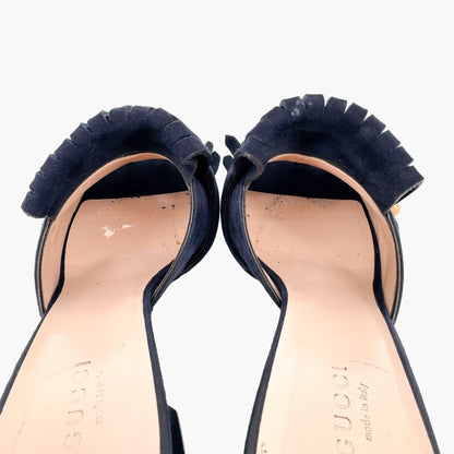 Gucci Marmont GG Fringe Block Heel Mules in Blue Ink (Navy Blue) Suede Size 38.5