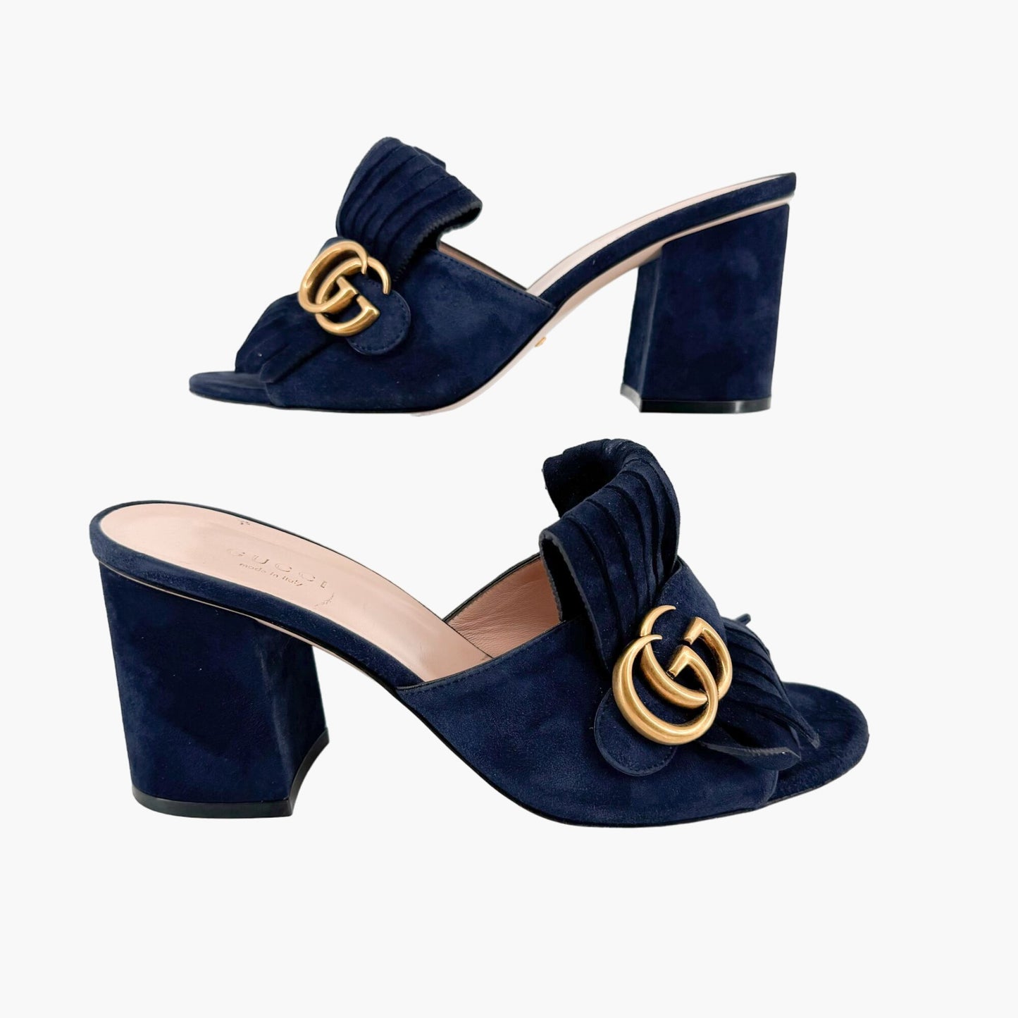 Gucci Marmont GG Fringe Block Heel Mules in Blue Ink (Navy Blue) Suede Size 38.5