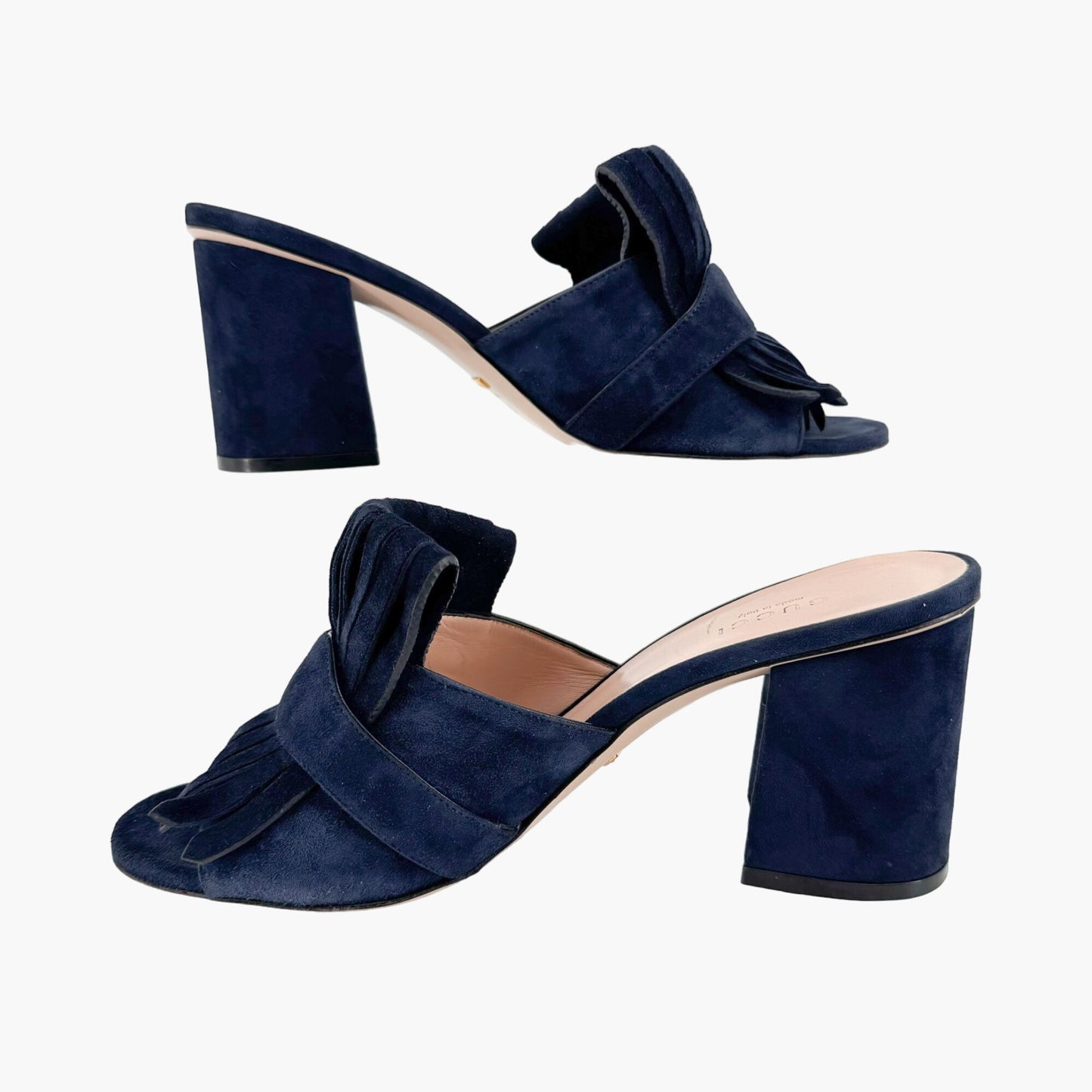 Gucci Marmont GG Fringe Block Heel Mules in Blue Ink (Navy Blue) Suede Size 38.5