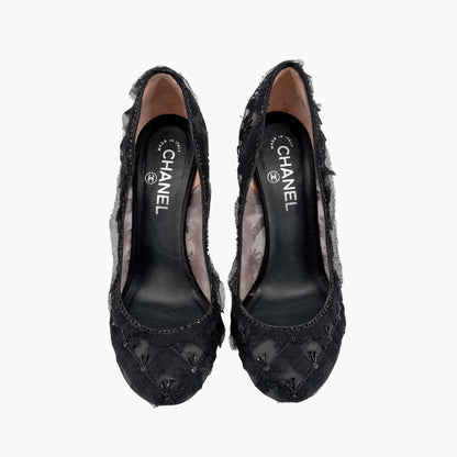 Chanel CC Bead Embellished Mesh Stiletto Pumps Black Size 38.5