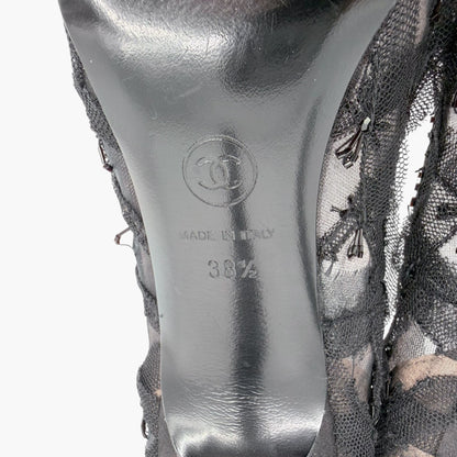 Chanel CC Bead Embellished Mesh Stiletto Pumps Black Size 38.5