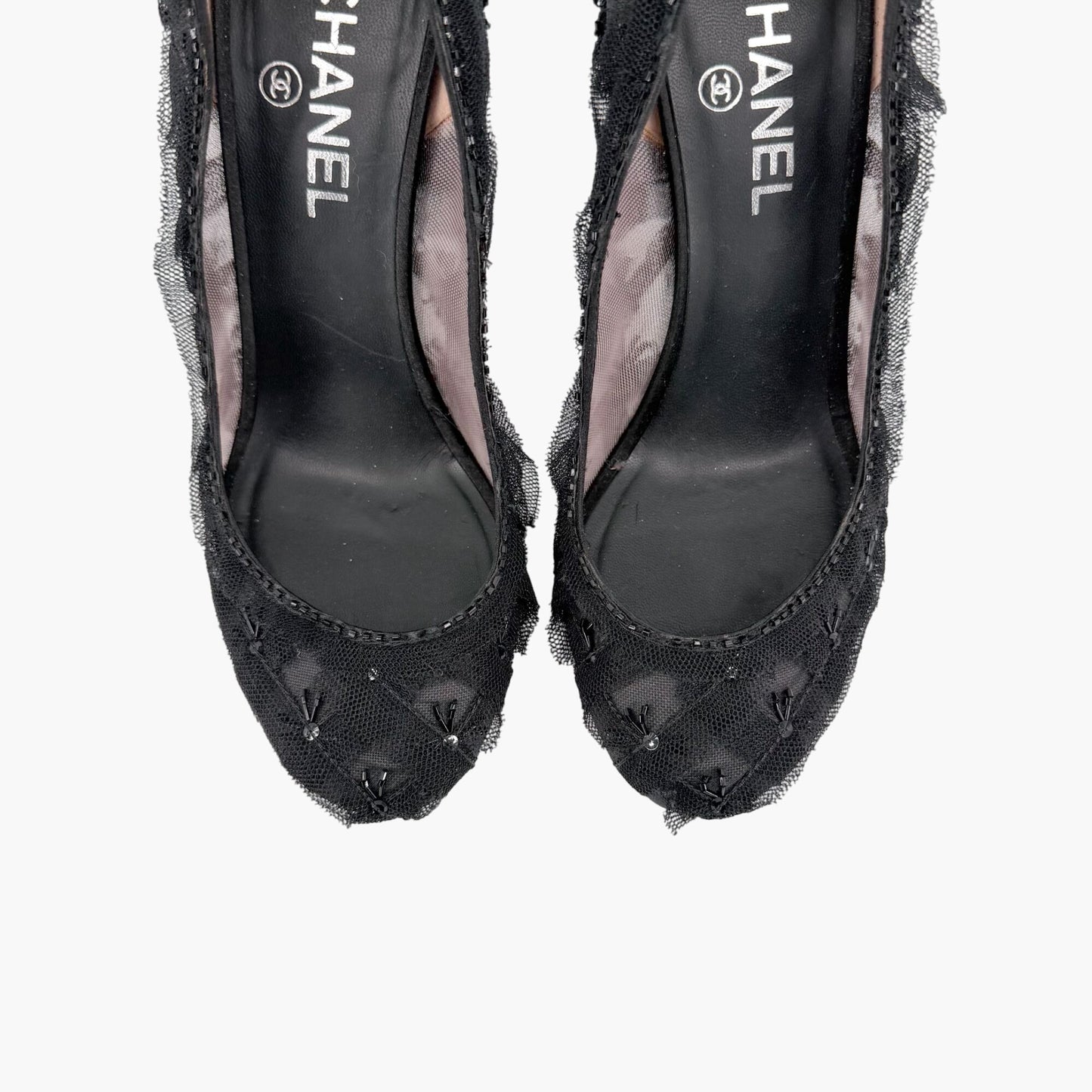 Chanel CC Bead Embellished Mesh Stiletto Pumps Black Size 38.5