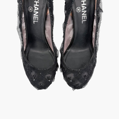 Chanel CC Bead Embellished Mesh Stiletto Pumps Black Size 38.5