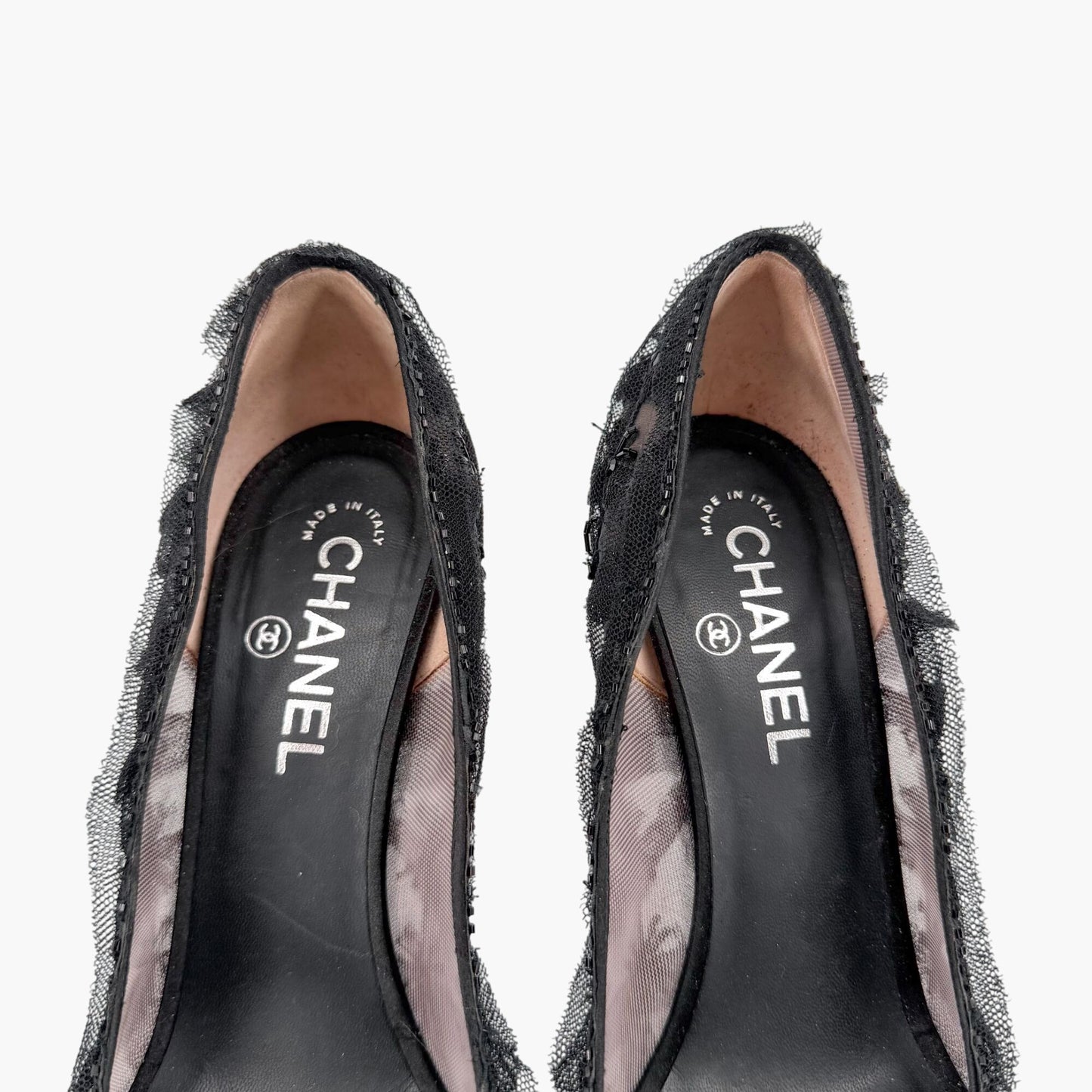 Chanel CC Bead Embellished Mesh Stiletto Pumps Black Size 38.5