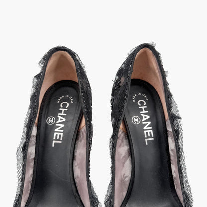 Chanel CC Bead Embellished Mesh Stiletto Pumps Black Size 38.5