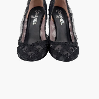 Chanel CC Bead Embellished Mesh Stiletto Pumps Black Size 38.5