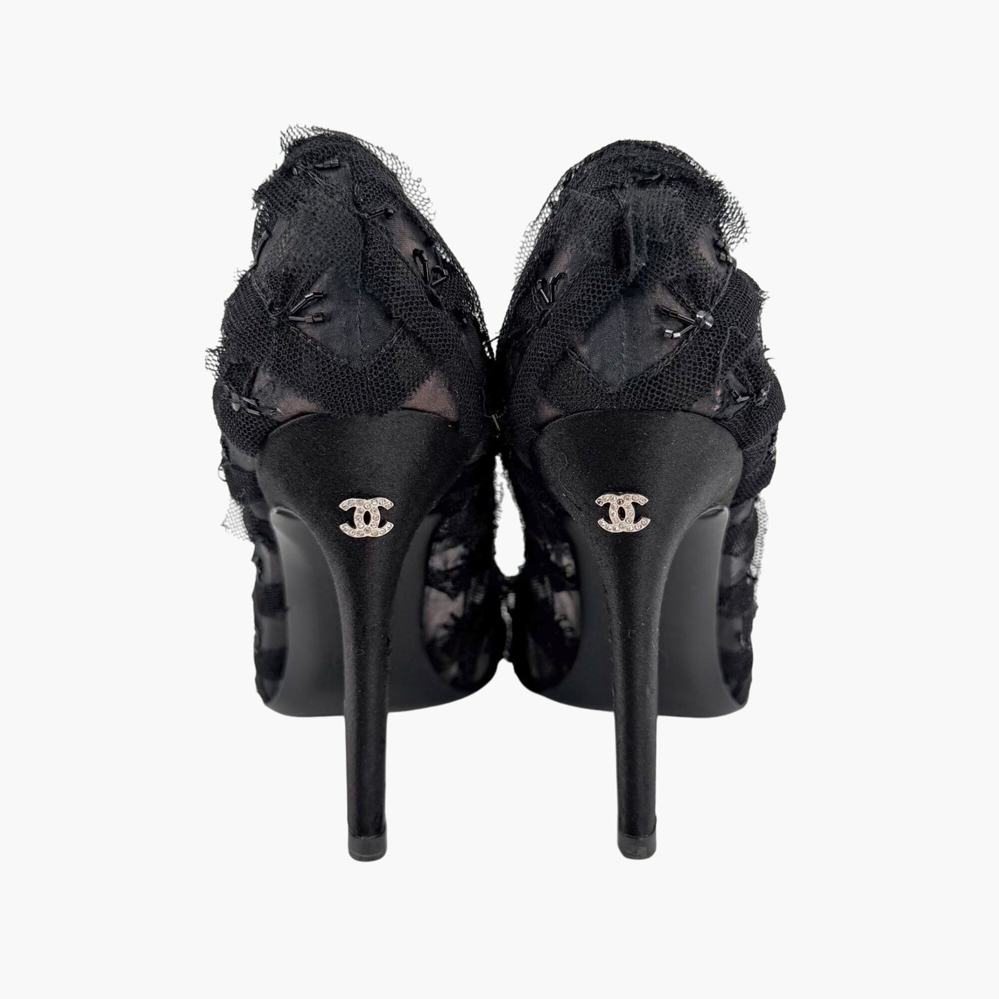 Chanel CC Bead Embellished Mesh Stiletto Pumps Black Size 38.5