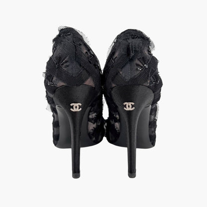 Chanel CC Bead Embellished Mesh Stiletto Pumps Black Size 38.5