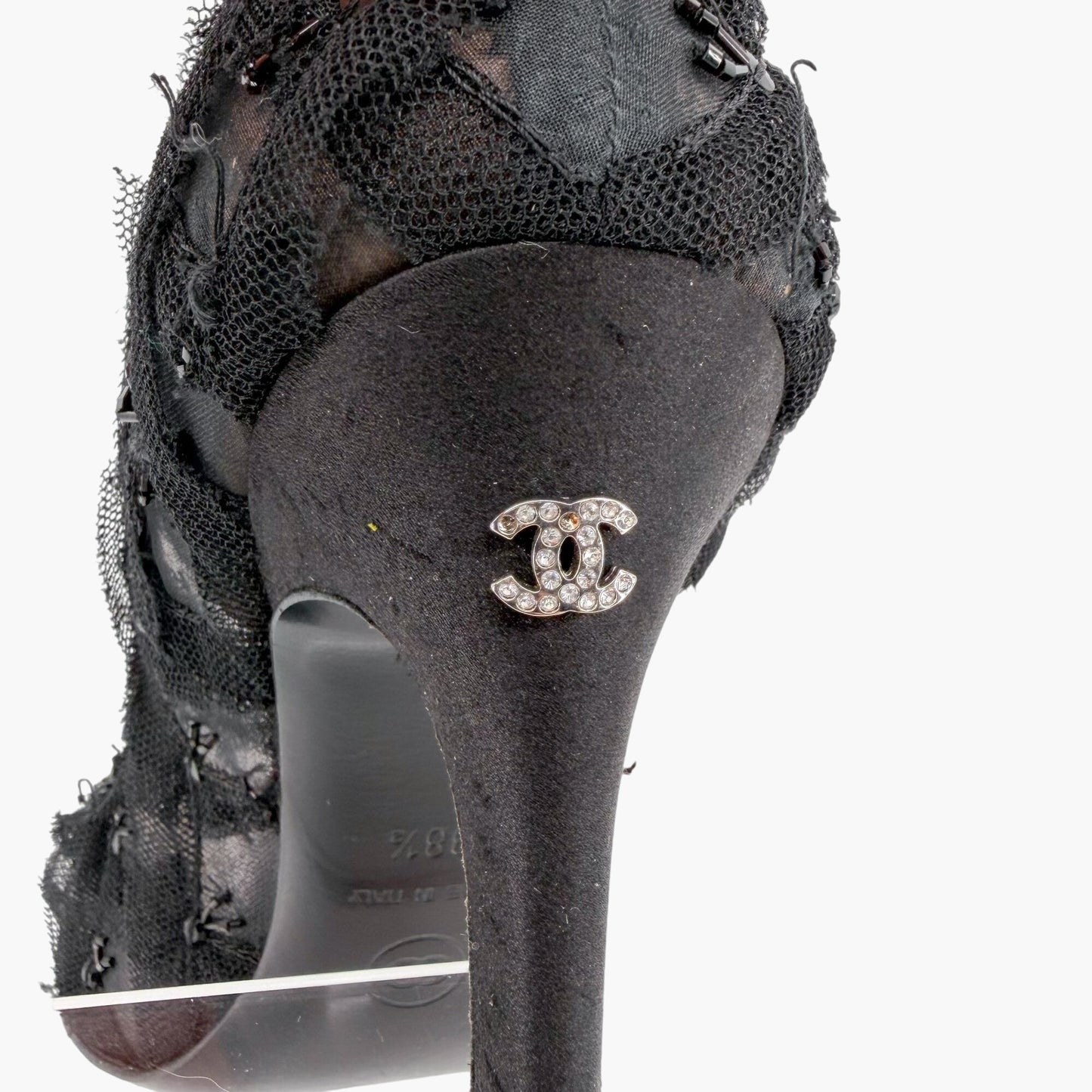Chanel CC Bead Embellished Mesh Stiletto Pumps Black Size 38.5