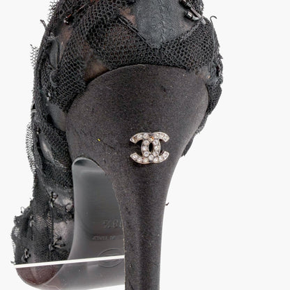Chanel CC Bead Embellished Mesh Stiletto Pumps Black Size 38.5
