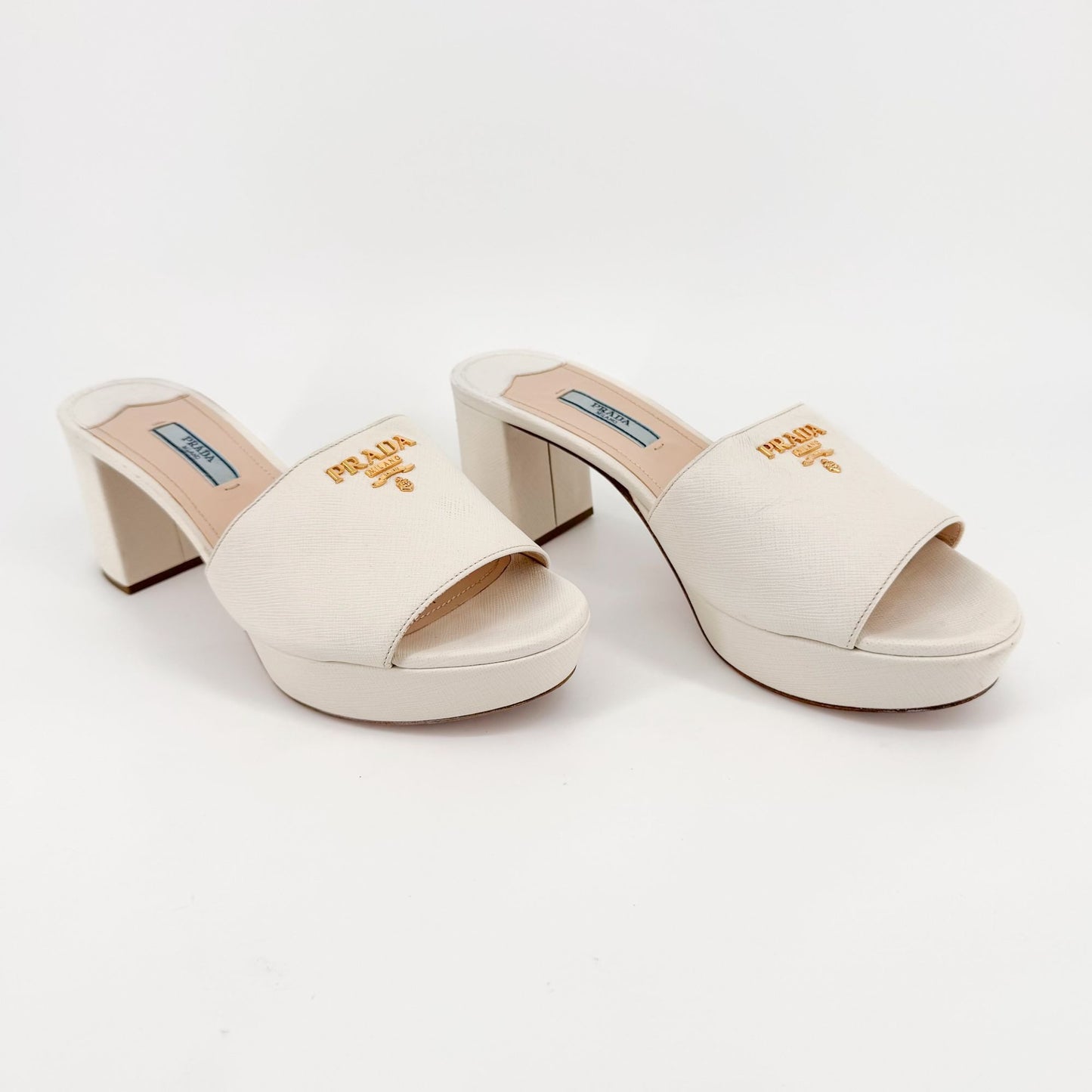 Prada Block Heel Platform Slide Sandals in White Saffiano Size 39