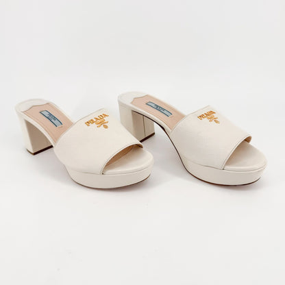 Prada Block Heel Platform Slide Sandals in White Saffiano Size 39