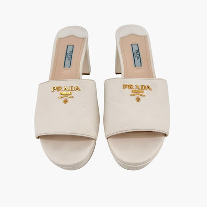 Prada Block Heel Platform Slide Sandals in White Saffiano Size 39