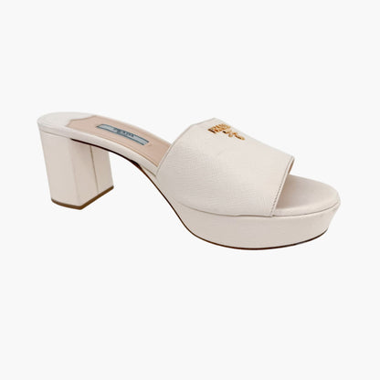 Prada Block Heel Platform Slide Sandals in White Saffiano Size 39