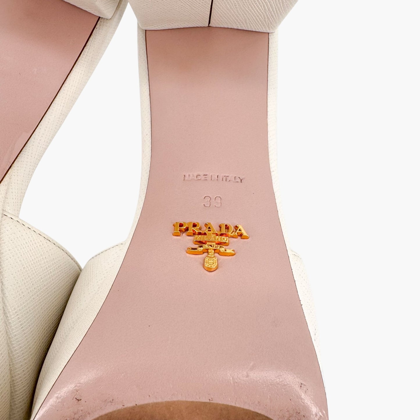 Prada Block Heel Platform Slide Sandals in White Saffiano Size 39