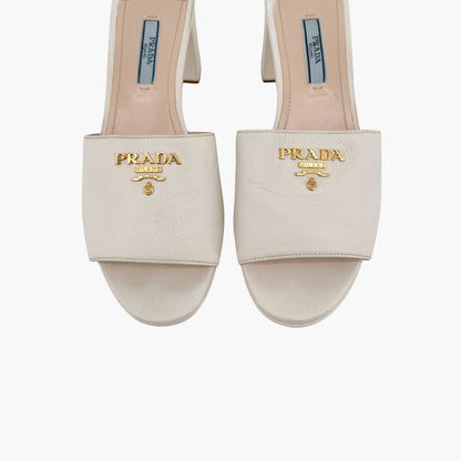 Prada Block Heel Platform Slide Sandals in White Saffiano Size 39