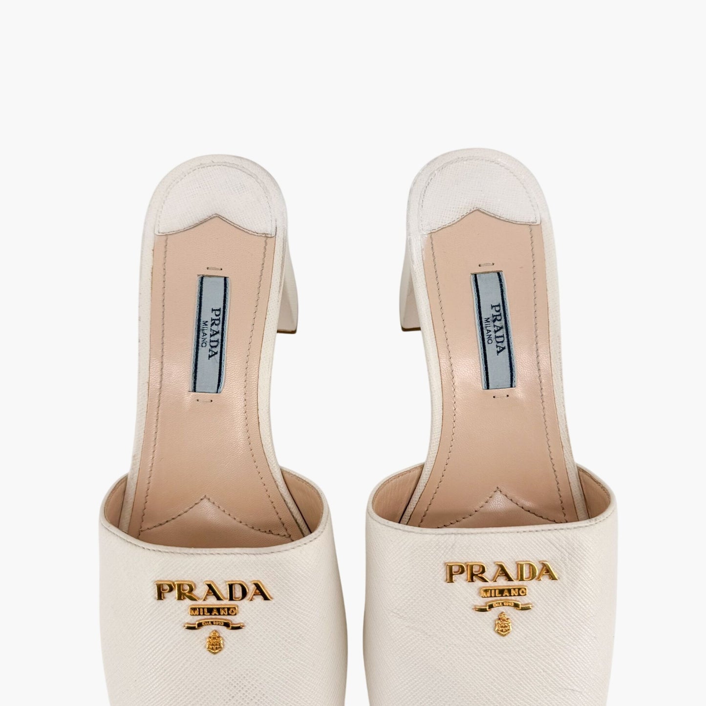 Prada Block Heel Platform Slide Sandals in White Saffiano Size 39