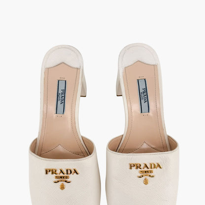 Prada Block Heel Platform Slide Sandals in White Saffiano Size 39