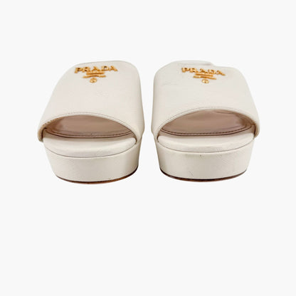 Prada Block Heel Platform Slide Sandals in White Saffiano Size 39