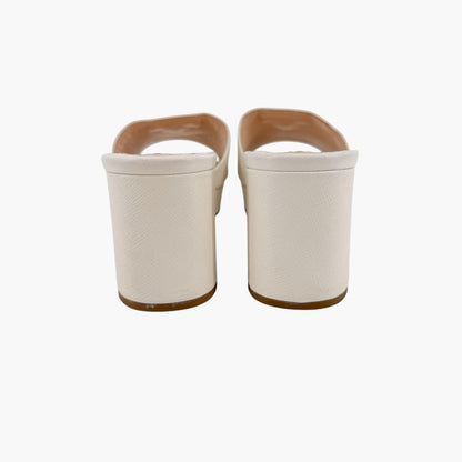 Prada Block Heel Platform Slide Sandals in White Saffiano Size 39