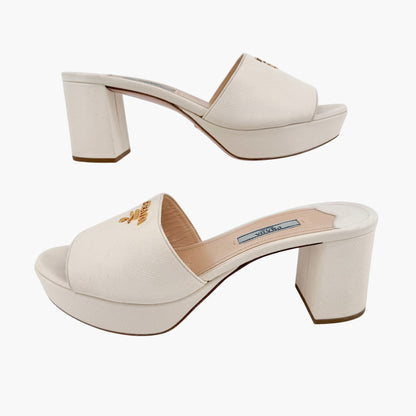Prada Block Heel Platform Slide Sandals in White Saffiano Size 39