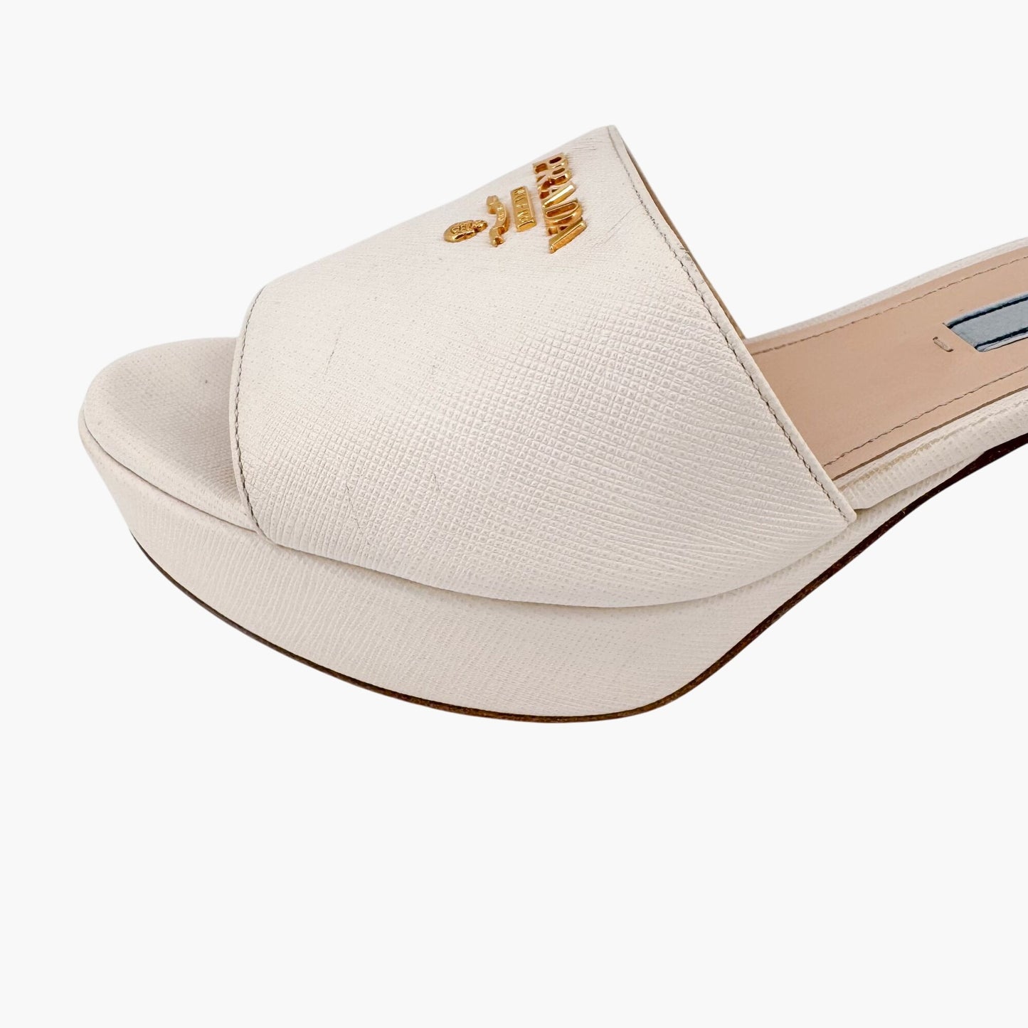 Prada Block Heel Platform Slide Sandals in White Saffiano Size 39