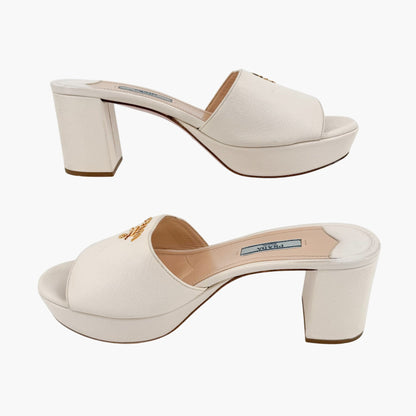 Prada Block Heel Platform Slide Sandals in White Saffiano Size 39