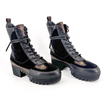 Louis Vuitton Laureate Platform Desert Combat Boot in Black Suede & LV Monogram Canvas Size 40
