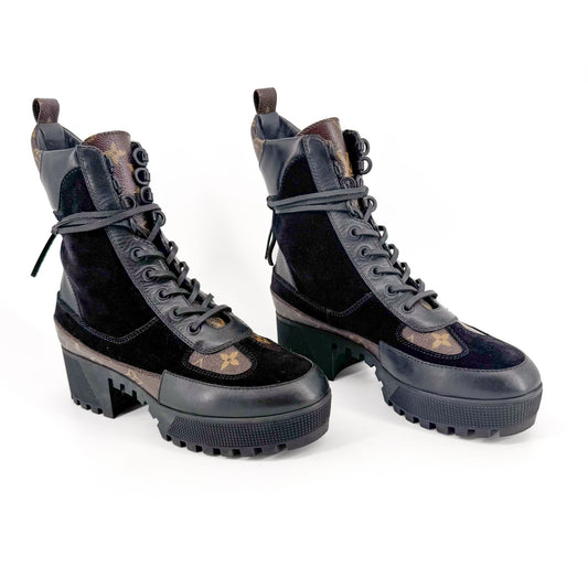 Louis Vuitton Laureate Platform Desert Combat Boot in Black Suede & LV Monogram Canvas Size 40