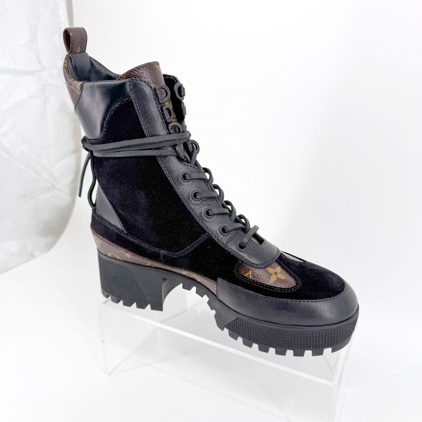 Louis Vuitton Laureate Platform Desert Combat Boot in Black Suede & LV Monogram Canvas Size 40