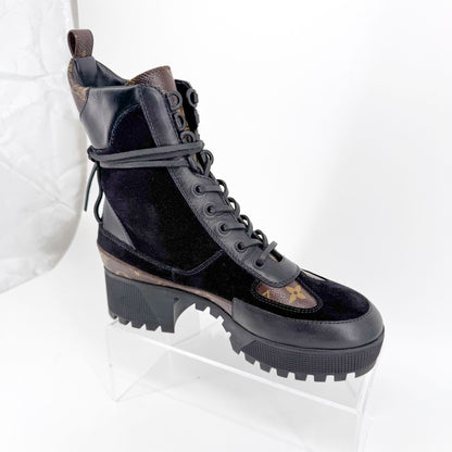 Louis Vuitton Laureate Platform Desert Combat Boot in Black Suede & LV Monogram Canvas Size 40
